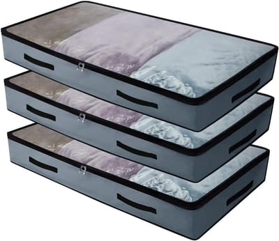 3 stuks zachte opbergzakken voor kingen/koninginnen-beddengoed, duurzame stof met doorzichtig deksel en 4 handgrepen.