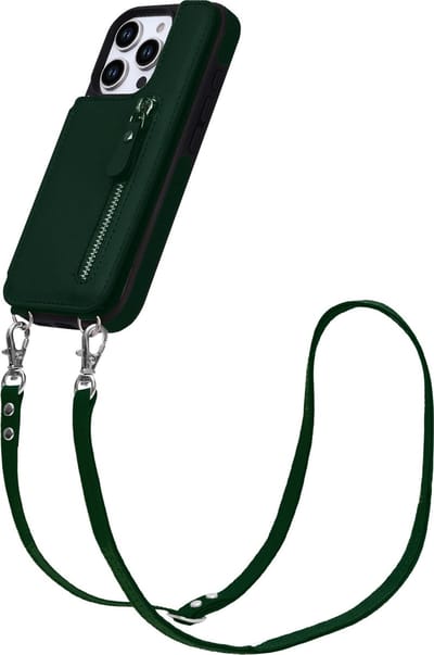 Casemania Hoesje Geschikt voor Apple iPhone 16 Pro - Groen - Luxe Back Cover met Koord / Rits - Wallet Case met Pasjeshouder - Lanyard Telefoonhoes - Cord Case