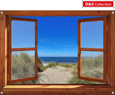 D&C Collection - tuinposter - 90x65 cm - doorkijk - Openslaand venster bruin - luxe uitvoering - duinovergang naar strand - tuindoek - balkonposter - schuttingposter
