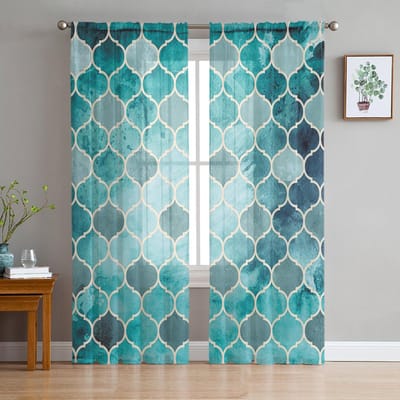 Marokko Blauw Verloop Tule Gordijnen Voor Woonkamer Voile Transparant Raamgordijn Voor Slaapkamer Chiffon Gordijnen Voor Keuken 135W x 114H(cm)