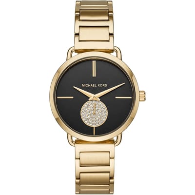 Michael Kors Portia MK3788 Dames 36,5 mm Gouden RVS Horloge met Zwarte Wijzerplaat