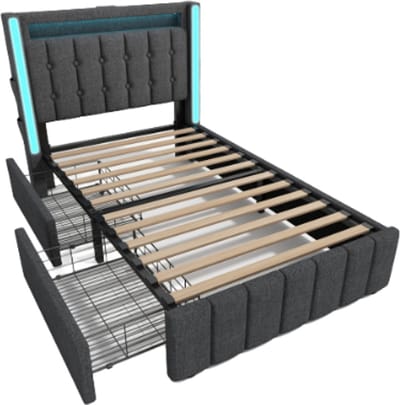Gotagee Gestoffeerd bed USB Type C oplaadfunctie LED verlichting en 2 lades, jeugdbedden 90x200cm eenpersoonsbed opbergbedden bedframe, houten lattenbodem, grijs (zonder matras)