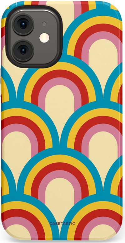 Casetastic hoesje geschikt voor Apple iPhone 12 Mini - Dubbellaagse bescherming - Retro regenboog - Fashion Case - Lichtblauw Crème Goud Rood