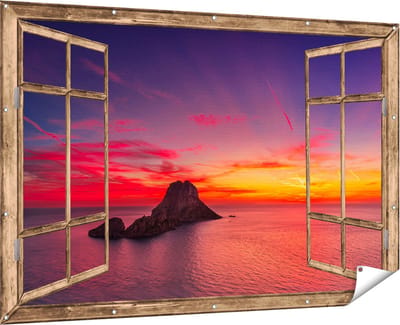 Gards Tuinposter Doorkijk Ibiza Rotsen Eiland bij Zonsondergang - 180x120 cm - Tuindoek - Tuindecoratie - Wanddecoratie buiten - Tuinschilderij