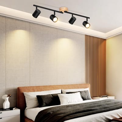 Glitzerlife - Plafondspot Plafondlamp - draaibaar en kantelbaar - Opbouwspot - 4xGU10 fitting - moderne plafondspot met hout en metaal - Ø71cm - zwart
