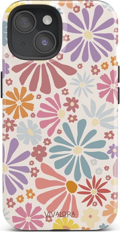 VivaLora Tough Telefoonhoesje iPhone 15 Met Magsafe - Bloemenprint - Bloom Bliss Print - 2-in-1 Phone Case - Hard Case & Siliconen Backcover - Extra Bescherming - Shockproof Cover - Pastelkleuren - Blauw, Roze, Oranje, Geel