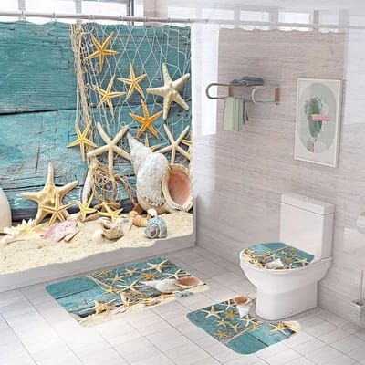 4-delige Douchegordijnset Badkamer - Blauwe Schelp & Zeester Strandtafereel - Inclusief Badmat, Toiletmat & Haken-Belle's product
