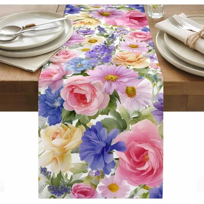 Chemin de table en lin floral aquarelle Printemps Décor de fête Fleurs d'été Feuilles Chemin de table de cuisine Salle à manger Décorations de mariage 150x33cm
