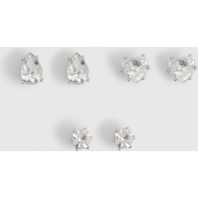 boohoo Dames Diamante Oorknopjes 3-Pack | Zilver