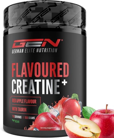 GEN Gearomatiseerd Creatine Poeder - 550g - Creatine Monohydraat + L-Taurine - Gemicroniseerde Creatine met Aroma - Geen Suiker & Top Oplosbaarheid - Veganistisch (Red Apple)
