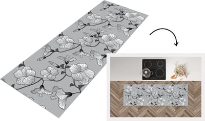 Keukenloper - Loper keuken - Hibiscus - Grijs - Tropisch - Patroon - 150x50 cm - Keukenloper vinyl