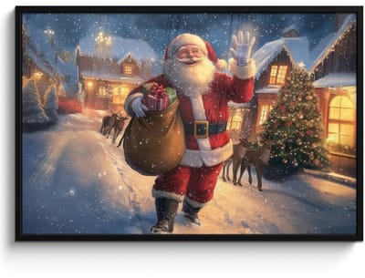 Poster in lijst - Fotolijst 120x80 cm - Posters - Kerstman - Dorp - Hert - Donker - Posterlijst zwart - Decoratie - Wanddecoratie woonkamer - Muurdecoratie slaapkamer - Kerstversiering - Kerstdecoratie voor binnen - Kerstmis