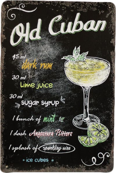 Wandbord - Old cuban cocktail - 20 x 30cm - Mancave - Metalen wandbord - Mancave decoratie - Muurplaat - Metal sign - Tekstborden - Bar decoratie