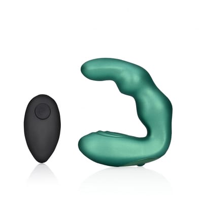 Shots - Ouch! OU905MGR - Bent Vibrating Prostate Massager with Remote Control - Metallic Green