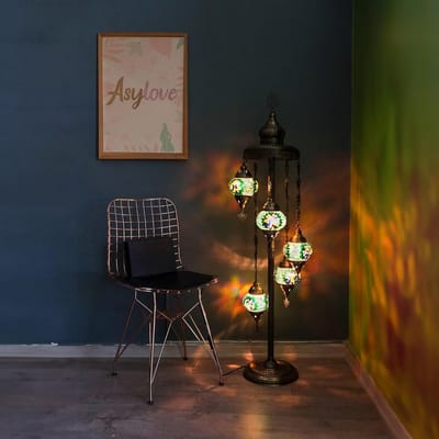 Handmade - Turkse staande lamp - 5 bollen - Oosterse vloerlamp - mozaïek - groen