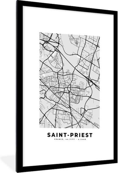 Fotolijst incl. Poster - Frankrijk – Saint-Priest – Stadskaart – Plattegrond – Kaart - 60x90 cm - Posterlijst