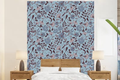 Behang - Fotobehang Patroon - Bloem - Grijs - Blauw - Breedte 225 cm x hoogte 280 cm