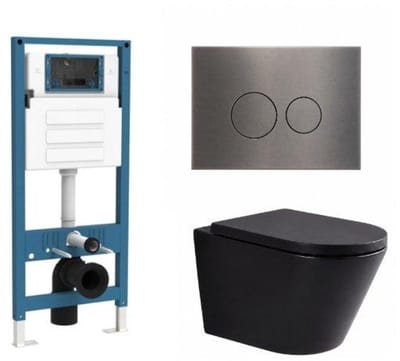 QeramiQ Dely Toiletset - inbouwreservoir Qeramiq Flush - 35mm zitting - metaal gunmetal bedieningsplaat - ronde knoppen - mat zwart