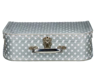 Kinderkoffer sterren - zilver - 30 cm - karton - logeerkoffer / opbergkoffer - kraamcadeau
