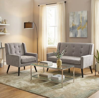 MIVRAY Fauteuilset 2-Delig 68 x 76 x 88 cm - Gecapitonneerde Fauteuil En Tweezits - Voor Woonkamer En Werkkamer - Stof Lichtgrijs