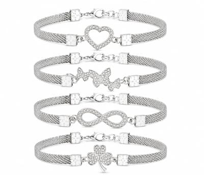 EmmyRovi Set van 4 Armbandjes Dames – Hart, Vlinder, Infinity & Klaver – Verzilverd Cadeau set