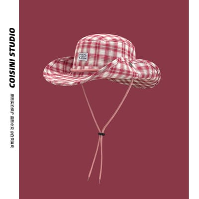 Koreaanse Stijl Nieuwe Niche Casual Geruite Bucket Hats Dames Zomer Buiten Kamperen Grote Rand Zonbescherming Zonnehoed Met Trekkoord 56-58cm pink
