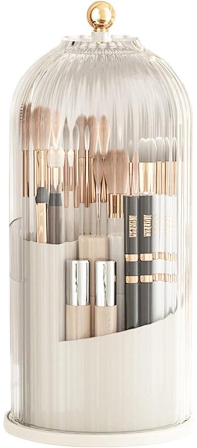 GELLDG Make-uporganizer — 360° draaibaar — Kaptafelorganizer — Cosmetica-organizer — Houder voor make-upkwasten — Transparant, stofvrij rek met deksel — Ideaal geschikt voor kaptafels, badkamers en slaapkamers