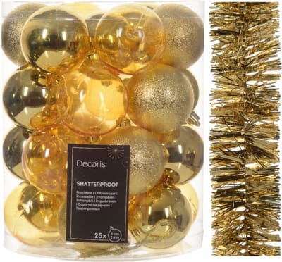 Kerstversiering set - goud - kerstballen 6 cm en kerstslinger - kunststof