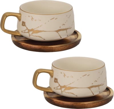Intirilife 2x Kop keramiek met marmerdesign in Wit - ongeveer 200 ml - Koffiemok, theemok met houten onderzetter Mok