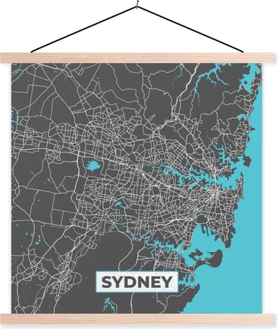 Posterhanger incl. Poster 40x40 cm - Schoolplaat - Sydney - Blauw - Kaart - Plattegrond - Stadskaart - Textielposter - Blanke latten - Stadskaart