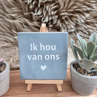 Robuust Wenstegeltje – Ik Hou van Ons – Hip trendy tegeltje – 10x10 cm – Cadeau voor Partner, Valentijn of Jubileum – Stijlvol en Persoonlijk Woonaccessoire - Zomaar - Voor jezelf – Trendy nu – Decoratief Tegeltje met Standaard – Cadeau Idee