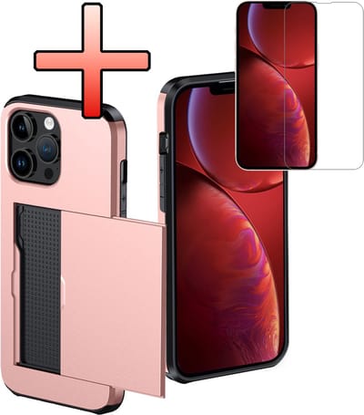 Hoes Geschikt voor iPhone 14 Pro Max Hoesje Pasjeshouder Hard Cover Met Screenprotector Shock Proof Hard Case Hoes Met Kaarthouder - Rosé goud