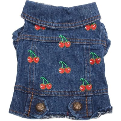 Veste en jean pour chiens et chats, gilet à motif de cerises, manteau en denim pour chiots, vêtements de printemps/automne L