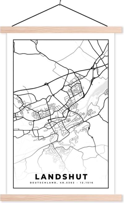 Posterhanger incl. Poster 40x60 cm - Schoolplaat - Plattegrond - Landshut - Kaart - Stadskaart - Textielposter - Blanke latten - Stadskaart
