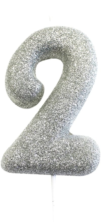ANNIVERSARY HOUSE - Kaars op prikker cijfer 2 zilver glitter 7 cm voor taart