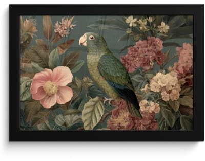 Poster in lijst - Fotolijst 30x20 cm - Posters - Groene papegaai - Kleurrijke bloemen - Donkere achtergrond - Posterlijst zwart - Decoratie - Wanddecoratie woonkamer - Muurdecoratie slaapkamer