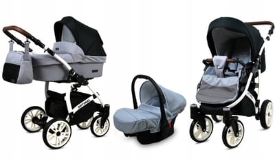 BabyLux® Kinderwagen 3in1 – OPTIMAL - SILVER BLACK WHITE FRAME - Opklapbare Wandelwagen incl. Reiswieg, Multifunctionele Buggy Sportstoel, Autostoel - Combi-kinderwagen met Luiertas, Regenhoes, Klamboe, Bekerhouder, etc.