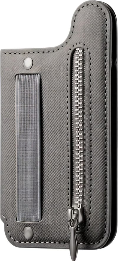 Flip Card Bag Phone Case met Rits en Polsband – Grijs – Multifunctionele Telefoonhoes met Kaarthouder, Portemonnee, Desktop Stand – Geschikt voor Meerdere Kaarten, Compact en Draagbaar