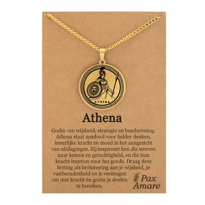 Griekse God Pallas Athena Ketting op Cadeau Kaartje - Goudkleurige Mythologie Talisman - Roestvrij Staal - Athene - Pax Amare