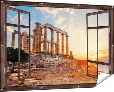 Gards Tuinposter Doorkijk Tempel van Poseidon in Athene, Griekenland - 150x100 cm - Tuindoek - Tuindecoratie - Wanddecoratie buiten - Tuinschilderij