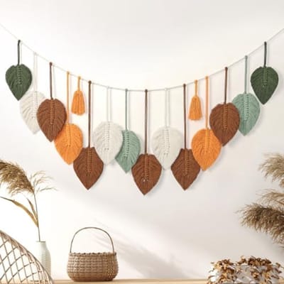 PromoHome Macrame Muurhanger Groot Formaat - Handgemaakt Boho Wandtapijt Met Bladmotief - Groen Naturale Muurdecoratie Voor Slaapkamer, Woonkamer En Kinderkamer