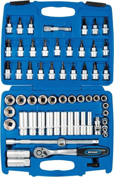SW-Stahl S2229 dopsleutelset 3/8 inch 61-delig I Rateldoos I Rateldoos I Moerdoos I Zeskantdoppen van chroom-vanadiumstaal
