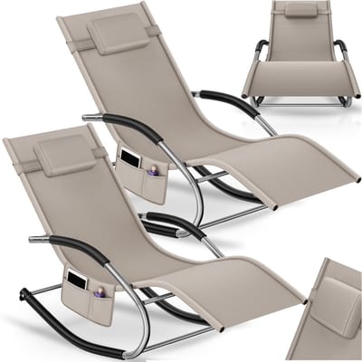 tectake® Ligstoelen Set van 2 – Ergonomische Ligbedden met Schommelfunctie – Relaxstoelen met Hoofdsteun, Armleuningen en Opbergvak – Draagvermogen 120 kg – Beige