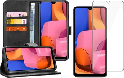 Hoesje geschikt voor Samsung A20s en Screenprotector - Book Case Kunstleer Wallet Cover Zwart + Screen Protector Glas