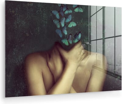 MuchoWow® Glasschilderij 90x60 cm - Schilderij acrylglas - Torso - Stilleven - Vlinders - Blauw - Foto op glas - Muurdecoratie woonkamer - Wanddecoratie slaapkamer - Schilderijen