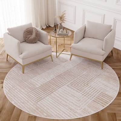 Tapiso Crystal Rond Vloerkleed Beige Laagpolig Lijnen Woonkamer Tapijt Maat- 80x80