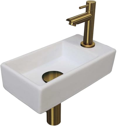 INK - Fonteinpack Porselein Rechts incl. Fonteinkraan - Design Sifon - Design Plug en Montageset - 360x180x90 Mm - Mat Wit/brushed Mat Goud