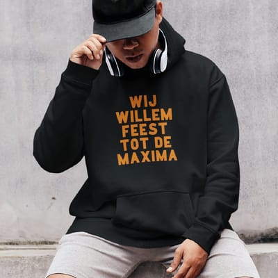 Zwarte Koningsdag Hoodie Wij Willem Feest Tot De Maxima Oranje - Maat XXL - Uniseks Pasvorm - Oranje Feestkleding