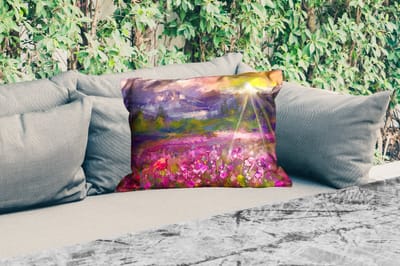Buitenkussens - Tuin - Schilderij - Olieverf - Bloemen - Natuur - Zon - 50x30 cm