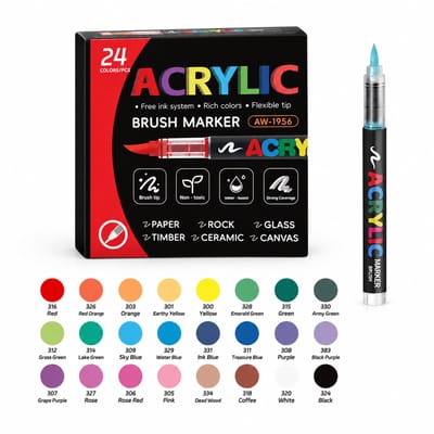 Set van 24 acrylstiften in geschenkdoos - vloeibare inkt, zachte punt voor tekenen, doodling en creatieve projecten
